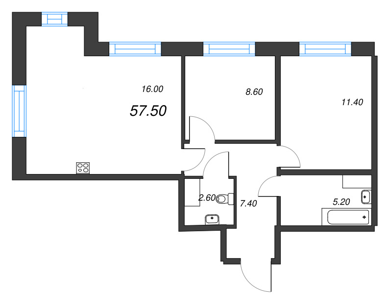 3-комнатная (Евро) квартира, 57.5 м² в ЖК "Парусная 1" - планировка, фото №1