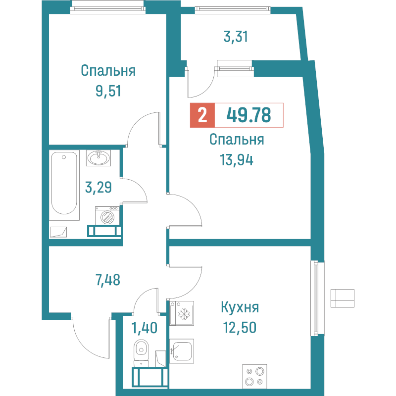 2-комнатная квартира, 49.78 м² в ЖК "Графика" - планировка, фото №1