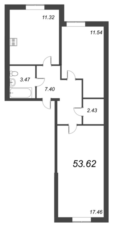 2-комнатная квартира, 53.62 м² - планировка, фото №1