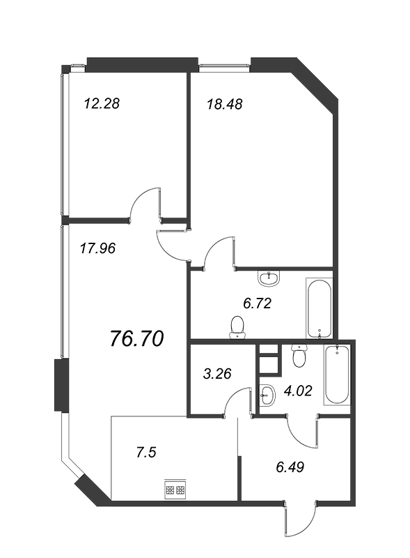 3-комнатная (Евро) квартира, 76.7 м² - планировка, фото №1