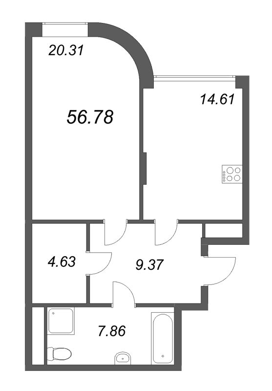 2-комнатная (Евро) квартира, 56.78 м² в ЖК "MONODOM-ART" - планировка, фото №1