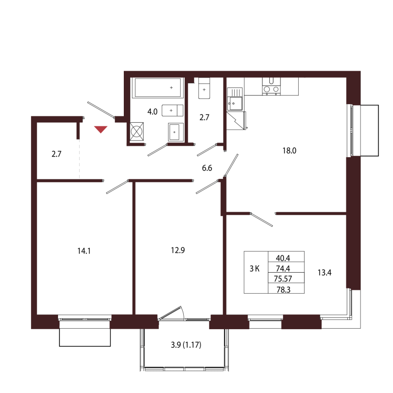 4-комнатная (Евро) квартира, 75.57 м² в ЖК "Лисино" - планировка, фото №1