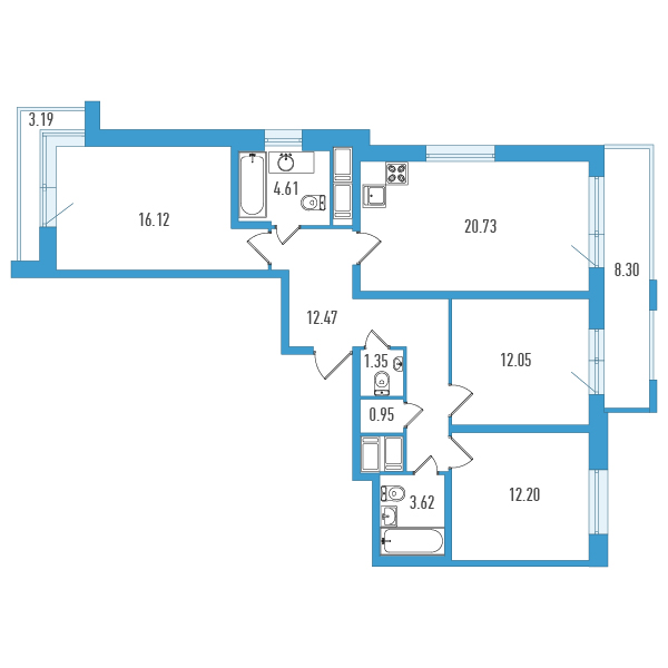 4-комнатная (Евро) квартира, 88.19 м² в ЖК "Искра-Сити" - планировка, фото №1