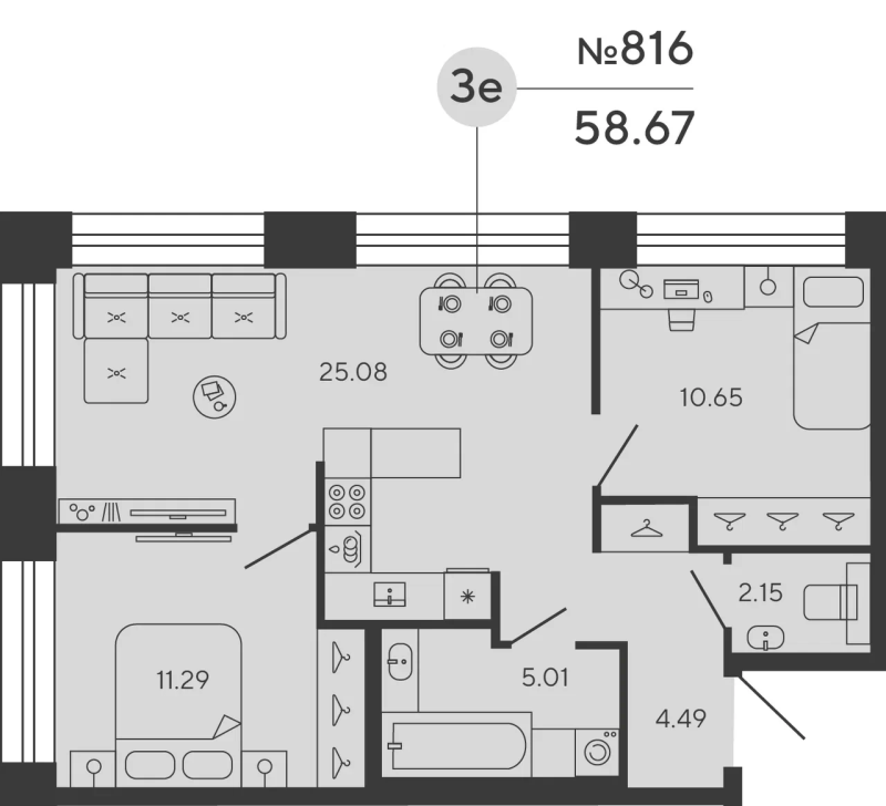 3-комнатная (Евро) квартира, 58.67 м² в ЖК "Bashni Element" - планировка, фото №1