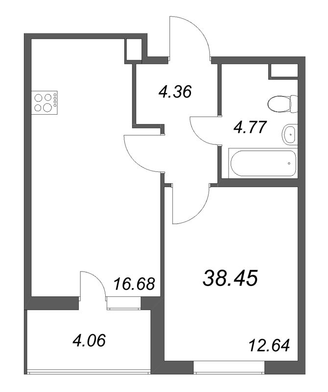 2-комнатная (Евро) квартира, 38.45 м² - планировка, фото №1
