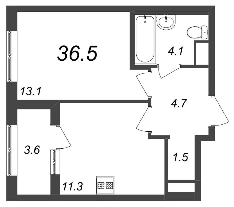 1-комнатная квартира, 36.4 м² в ЖК "Галактика" - планировка, фото №1