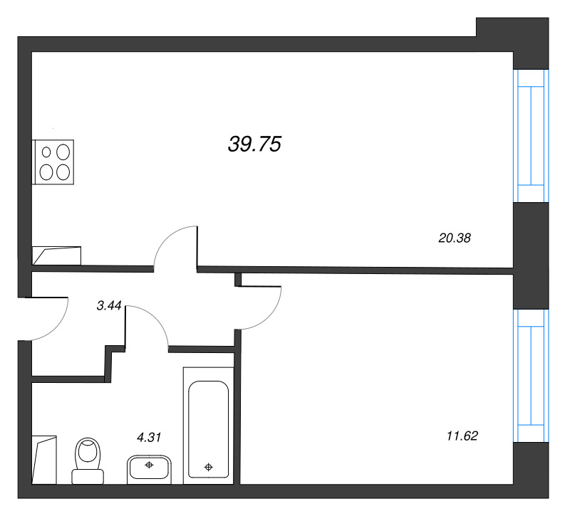 2-комнатная (Евро) квартира, 39.75 м² в ЖК "Остров Первых" - планировка, фото №1