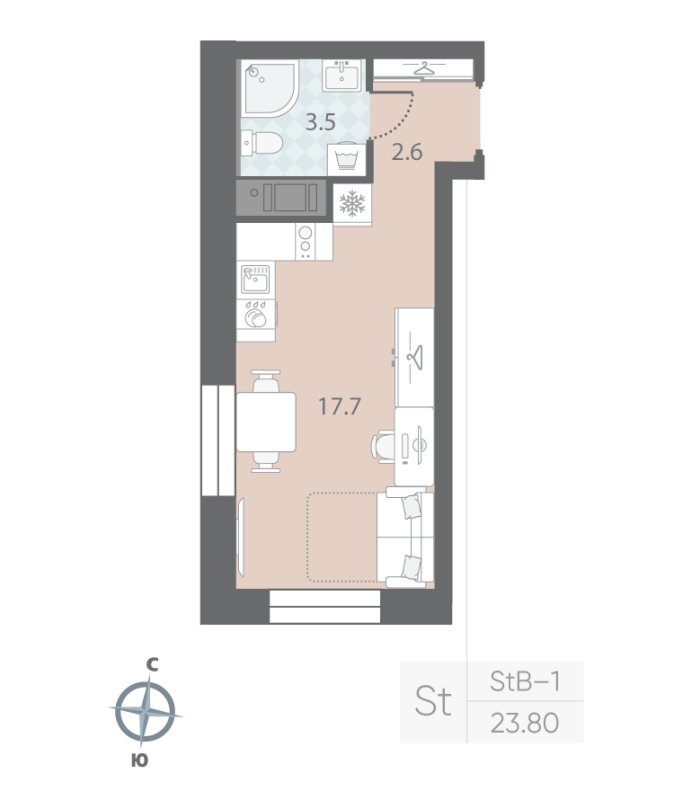 Квартира-студия, 23.8 м² в ЖК "Большая Охта" - планировка, фото №1