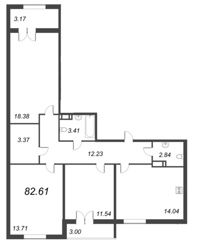 3-комнатная квартира, 82.61 м² - планировка, фото №1