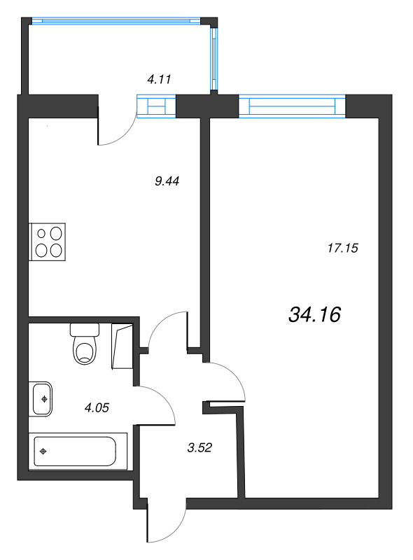 1-комнатная квартира, 34.16 м² в ЖК "Полис ЛАВрики" - планировка, фото №1