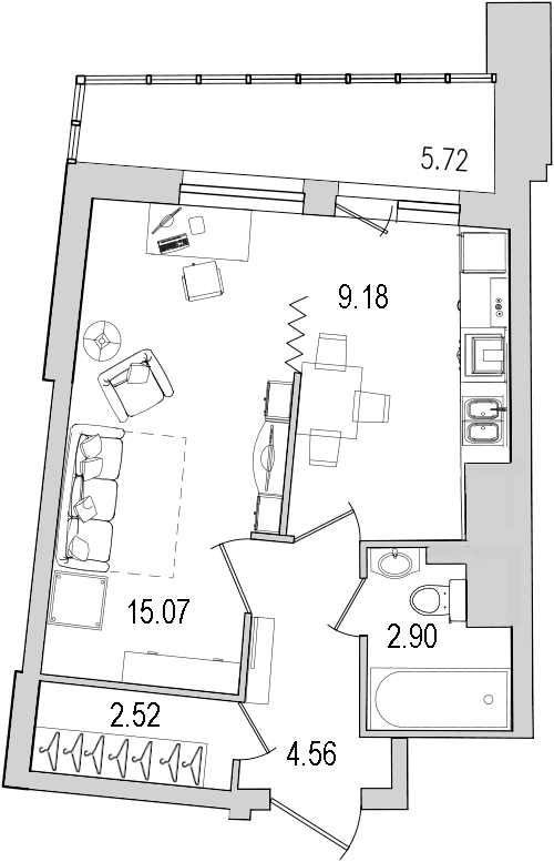 1-комнатная квартира, 39.8 м² в ЖК "Байрон" - планировка, фото №1