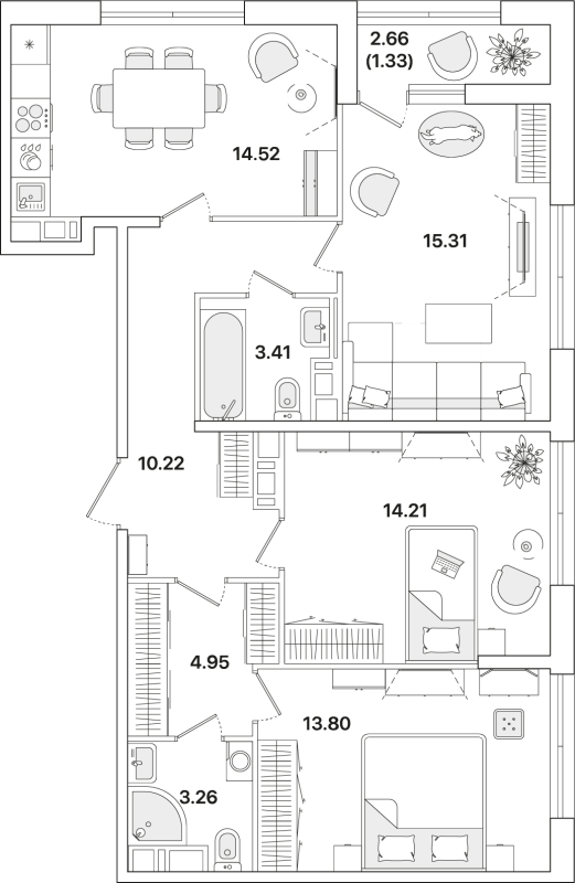 3-комнатная квартира, 81.01 м² - планировка, фото №1
