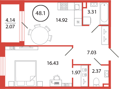 1-комнатная квартира, 48.1 м² в ЖК "Энфилд" - планировка, фото №1
