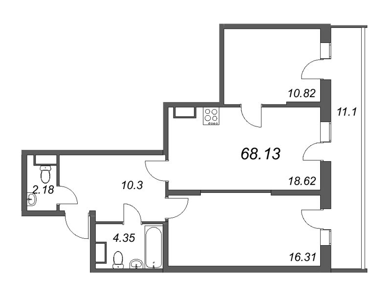 3-комнатная (Евро) квартира, 68.13 м² - планировка, фото №1