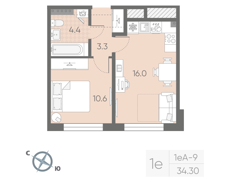1-комнатная квартира, 34.3 м² в ЖК "Пулково Lake" - планировка, фото №1
