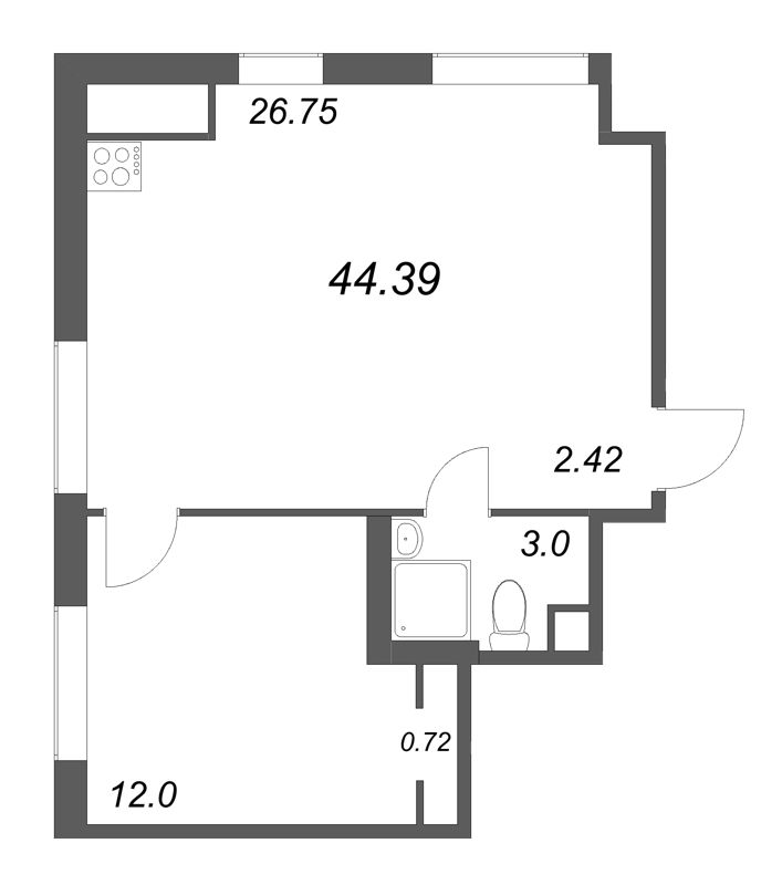 2-комнатная (Евро) квартира, 44.39 м² в ЖК "Talento" - планировка, фото №1