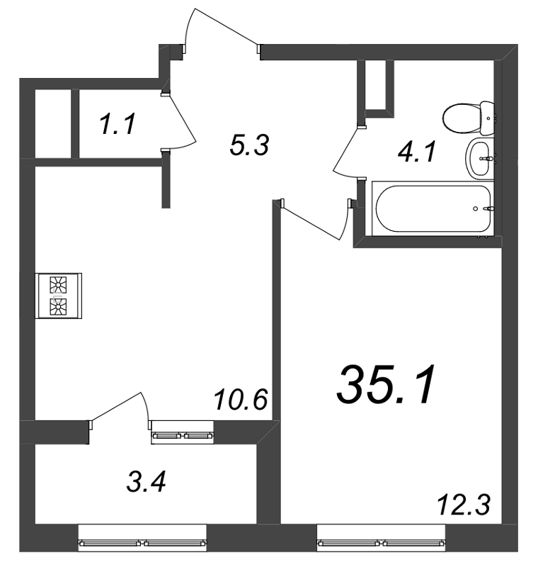 1-комнатная квартира, 35 м² в ЖК "Галактика" - планировка, фото №1