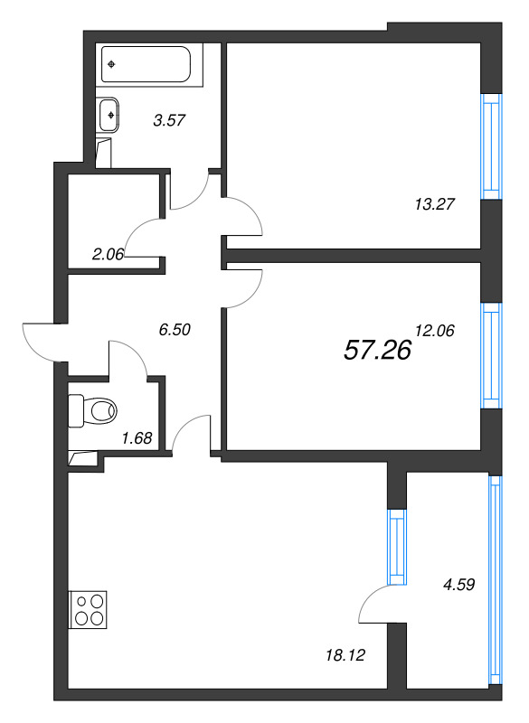 3-комнатная (Евро) квартира, 57.26 м² в ЖК "Любоград" - планировка, фото №1