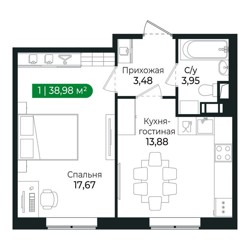 1-комнатная квартира, 38.8 м² в ЖК "Сертолово Парк" - планировка, фото №1