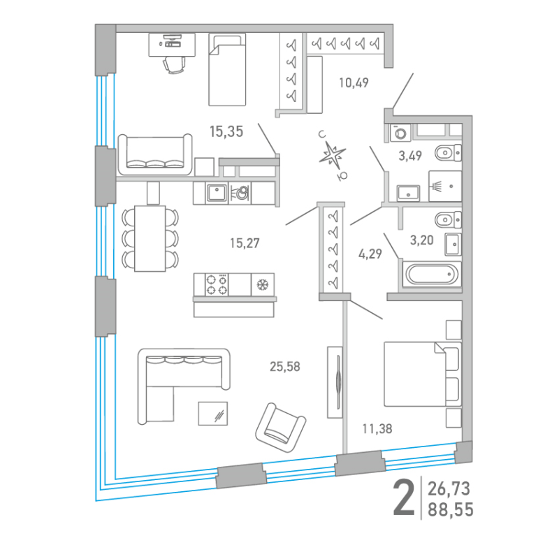 3-комнатная (Евро) квартира, 88.55 м² - планировка, фото №1