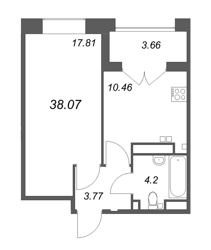 1-комнатная квартира, 38.07 м² в ЖК "Ranta Residence" - планировка, фото №1