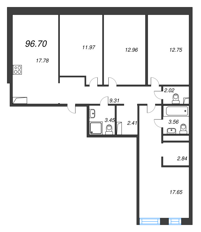 5-комнатная (Евро) квартира, 96.7 м² - планировка, фото №1
