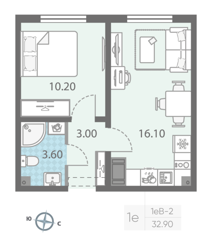 2-комнатная (Евро) квартира, 32.9 м² в ЖК "ЛСР. Ржевский парк" - планировка, фото №1