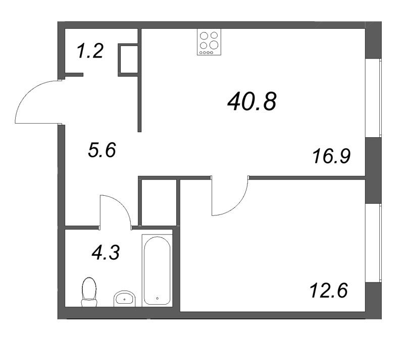2-комнатная (Евро) квартира, 40.8 м² в ЖК "Передвижники" - планировка, фото №1