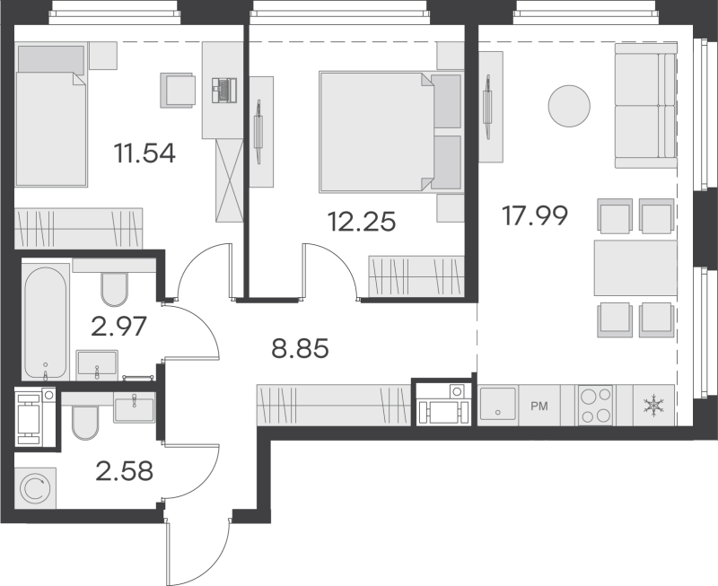 3-комнатная (Евро) квартира, 56.18 м² - планировка, фото №1