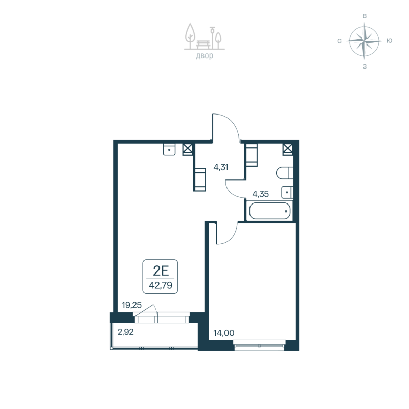 2-комнатная (Евро) квартира, 42.79 м² - планировка, фото №1