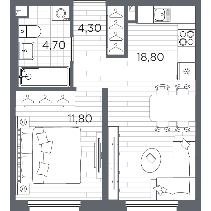 2-комнатная (Евро) квартира, 39.6 м² в ЖК "PLUS Пулковский" - планировка, фото №1