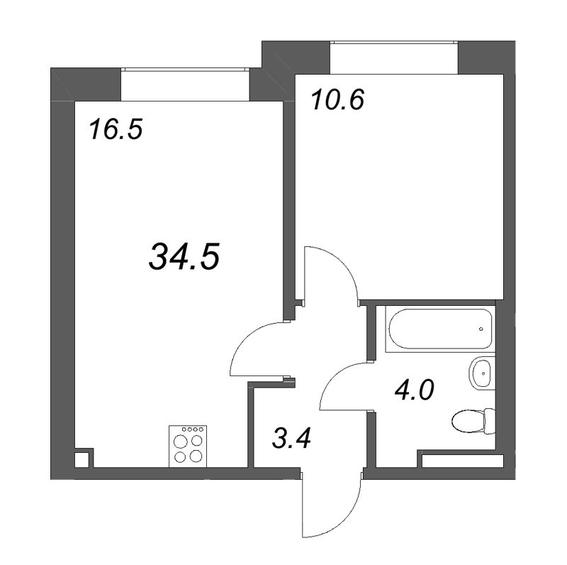 2-комнатная (Евро) квартира, 34.5 м² в ЖК "Пулково Лейк" - планировка, фото №1
