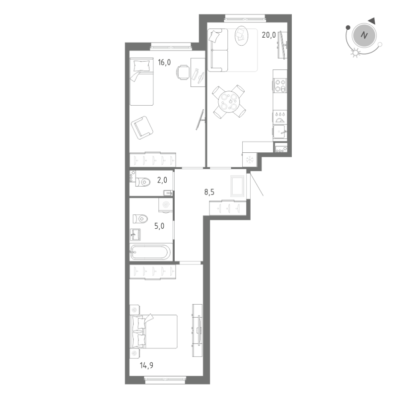 3-комнатная (Евро) квартира, 66.4 м² в ЖК "Клюква.Парк" - планировка, фото №1
