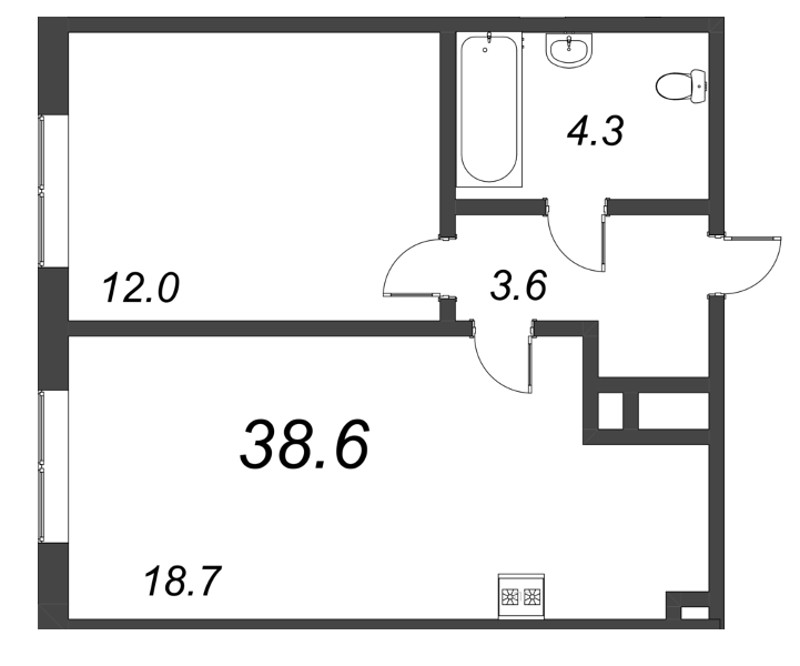 2-комнатная (Евро) квартира, 38.6 м² в ЖК "Парусная 1" - планировка, фото №1