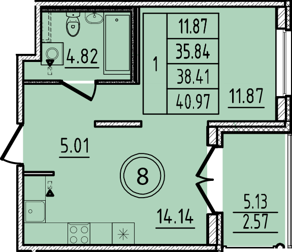 1-комнатная квартира, 35.84 м² в ЖК "Образцовый квартал 14" - планировка, фото №1