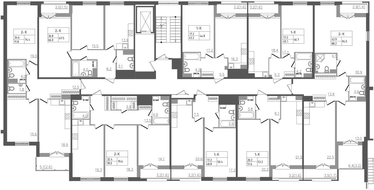 2-комнатная (Евро) квартира, 53.2 м² - планировка этажа