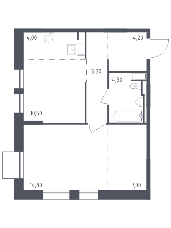 1-комнатная квартира, 50.1 м² - планировка, фото №1