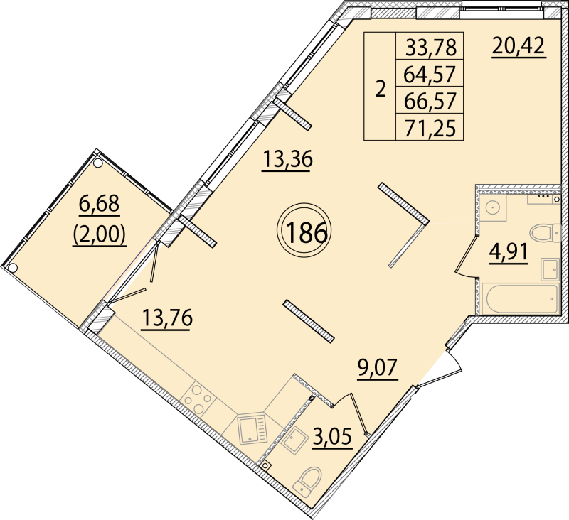 2-комнатная квартира, 64.57 м² - планировка, фото №1
