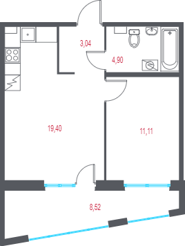 2-комнатная (Евро) квартира, 41.01 м² в ЖК "Город-спутник Южный" - планировка, фото №1