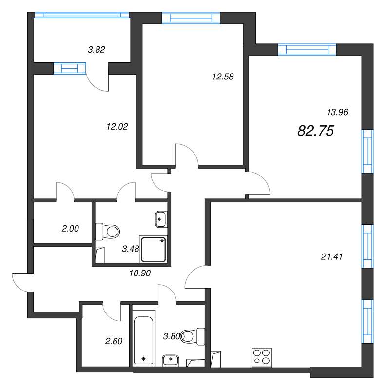 4-комнатная (Евро) квартира, 82.75 м² в ЖК "Любоград" - планировка, фото №1