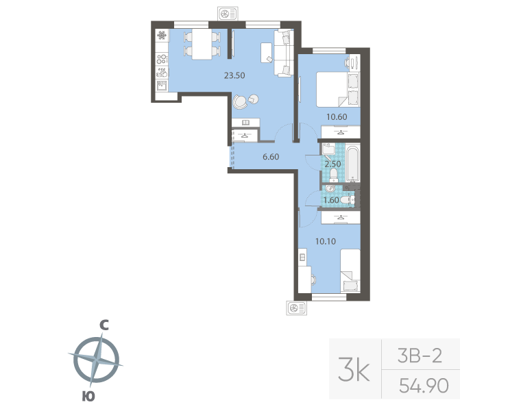 3-комнатная (Евро) квартира, 54.9 м² в ЖК "ЛСР. Ржевский парк" - планировка, фото №1