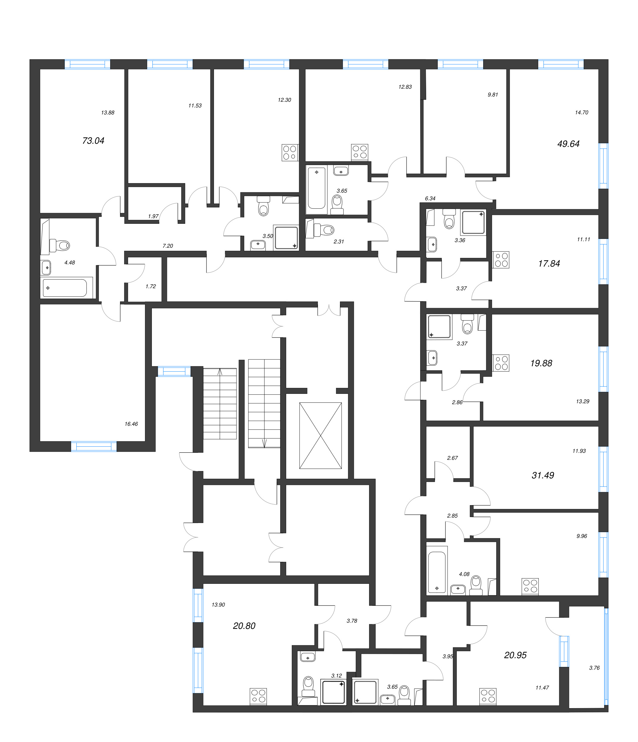 2-комнатная квартира, 49.64 м² - планировка этажа