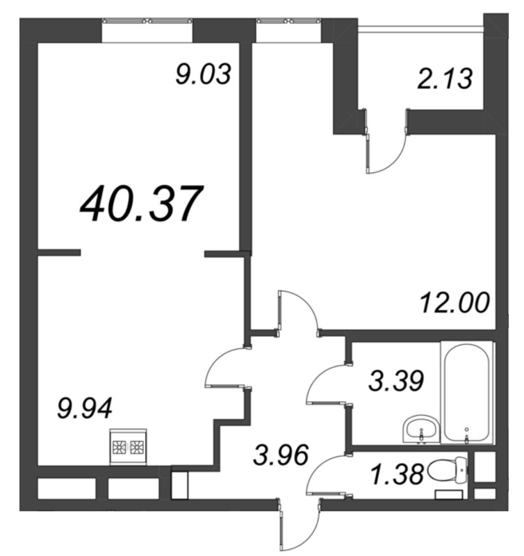 2-комнатная (Евро) квартира, 40.37 м² - планировка, фото №1