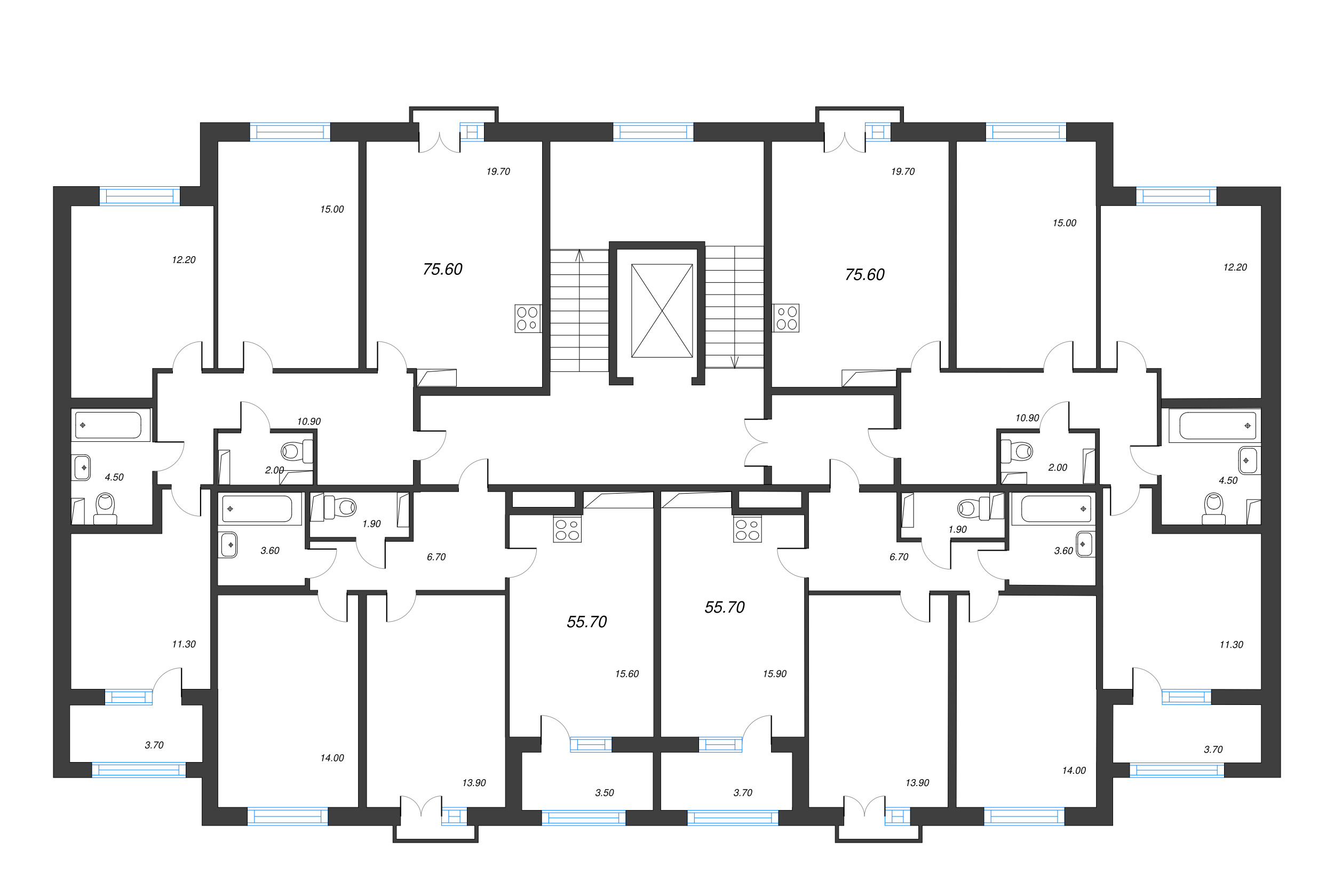 4-комнатная (Евро) квартира, 75.6 м² - планировка этажа
