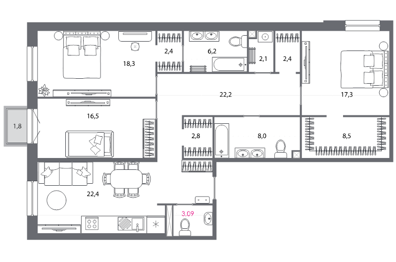 4-комнатная (Евро) квартира, 132.6 м² - планировка, фото №1