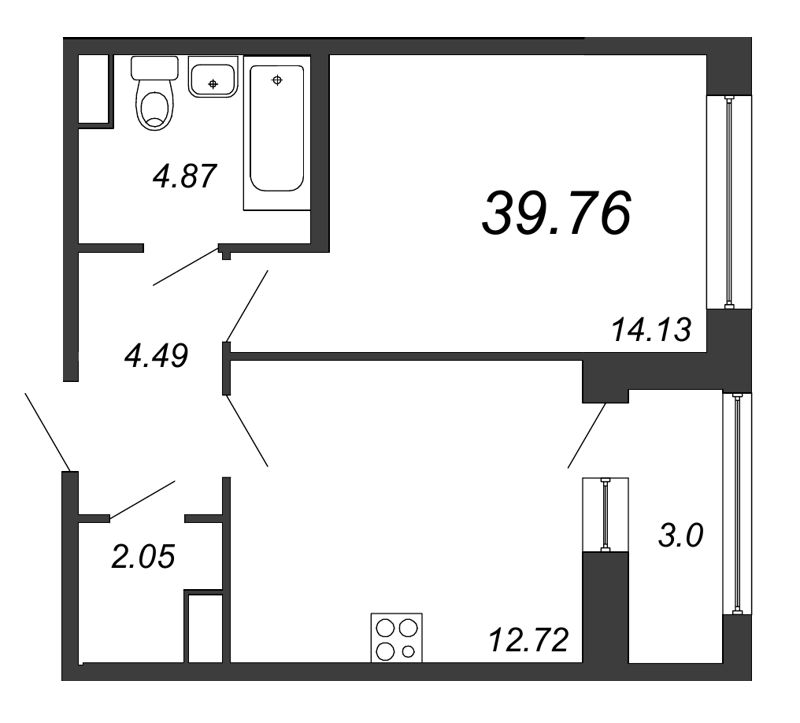 1-комнатная квартира, 39.3 м² - планировка, фото №1