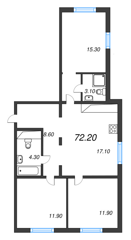 4-комнатная (Евро) квартира, 72.2 м² в ЖК "Дыбенко Парк" - планировка, фото №2