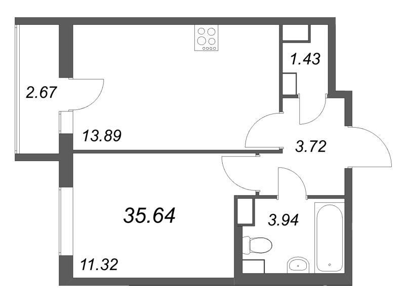 1-комнатная квартира, 35.64 м² в ЖК "Кинопарк" - планировка, фото №1