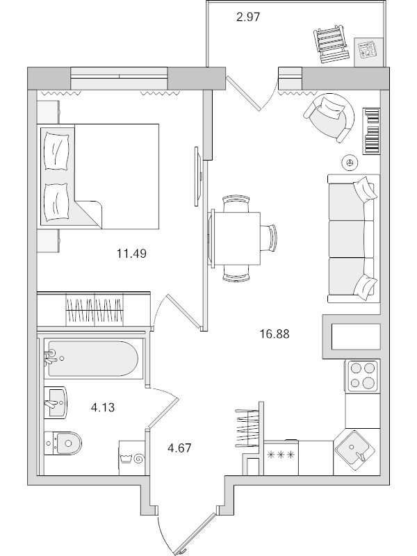 2-комнатная (Евро) квартира, 40.14 м² в ЖК "Город Первых" - планировка, фото №1