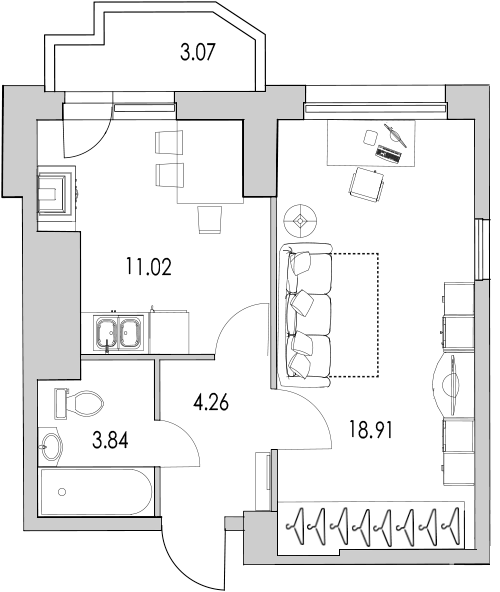 1-комнатная квартира, 41.4 м² в ЖК "Байрон" - планировка, фото №1